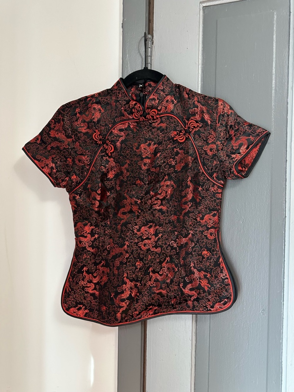 Red and Black Dragon Jacquard Mandarin Collar Top